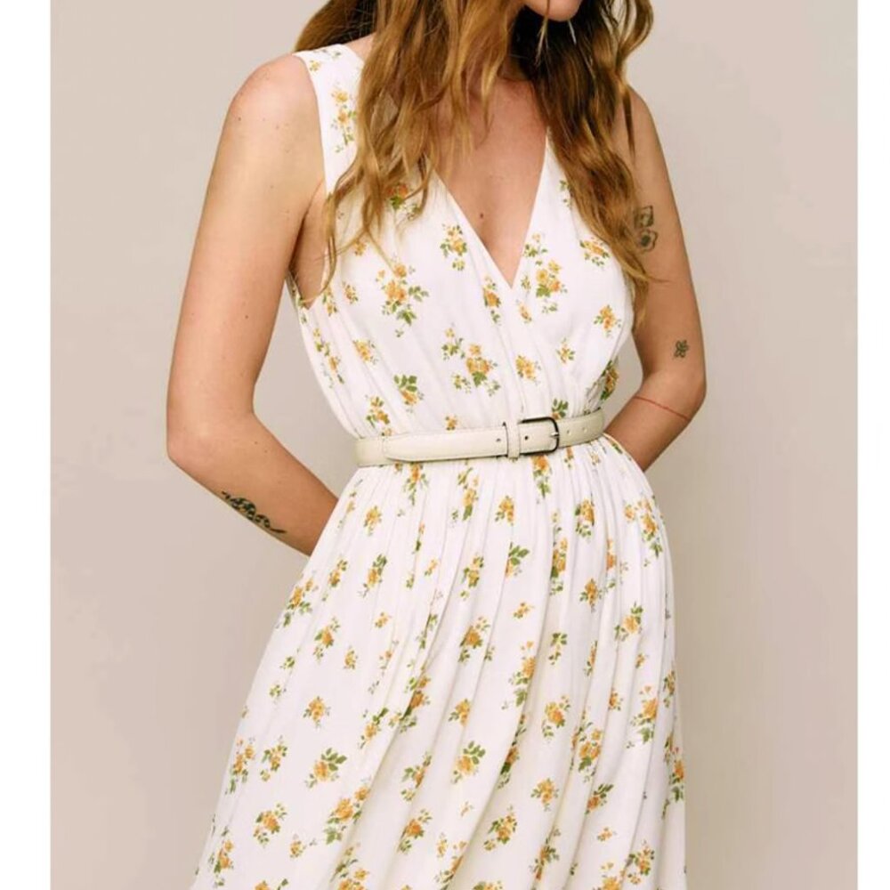 Reformation Farah Midi Dress Nicola Yellow Ivory Floral Summer Causal French - Picture 12 of 13
